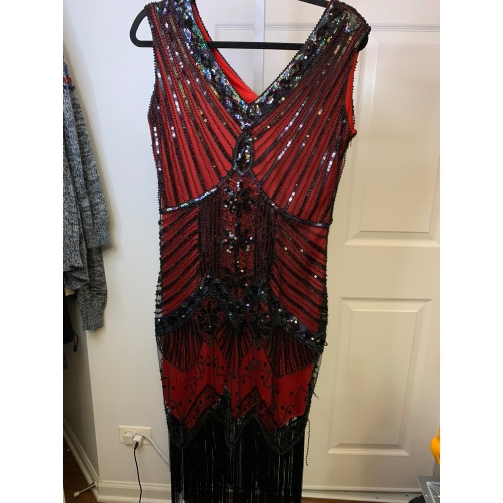 BabeYond Unique Vintage Red Black Sequin Flapper Dress 1920s Gatsby Fringe Sz L